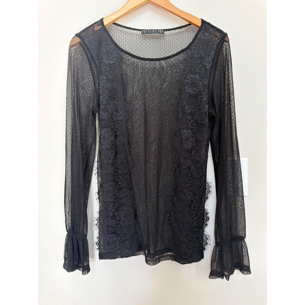 Whimsigoth Black Sheer Lace Top Mesh Bell Sleeve Size Small Witchy Fairy Grunge